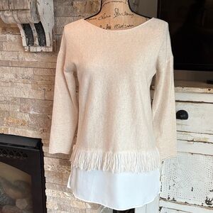 tyler boe 100% cashmere layered fringe sweater tunic in a pearl beige color